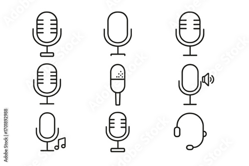Microphone thin line icon set. Mic outline pictograms for podcast, broadcast, and studio. Audio record, voice, sound, music, and headset vector symbols for web and app UI UX.