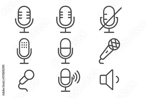 Microphone thin line icon set. Audio record, podcast, and broadcast symbols. Voice, sound, and mute signs for web design, UI, UX, and app interface. Vector outline icons.