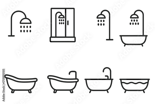 Shower and bathtub line icon set. Bathroom hygiene and washing symbols. Minimalist outline vector pictograms for web design, apps, and graphic user interface elements.