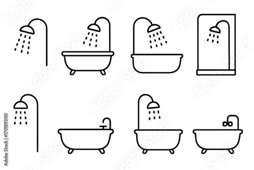 Shower and bathtub line icon set. Bathroom hygiene and plumbing vector symbols. Minimalist outline pictograms for web design, apps, and graphic elements. Clean, wash, water, faucet.
