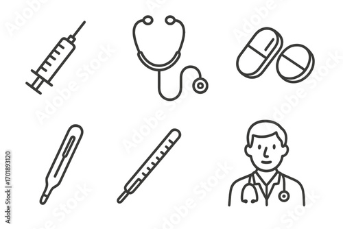 Medical icon set thin line style. Healthcare symbols for web and app design. Doctor, syringe, stethoscope, pills, thermometer. Medicine, hospital, clinic vector pictogram.