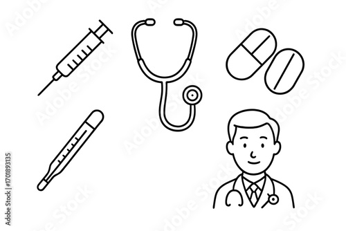Medical icon set line art. Healthcare graphic collection with doctor, syringe, stethoscope, pills, thermometer. Simple outline symbols for web, clinic, pharmacy concept.