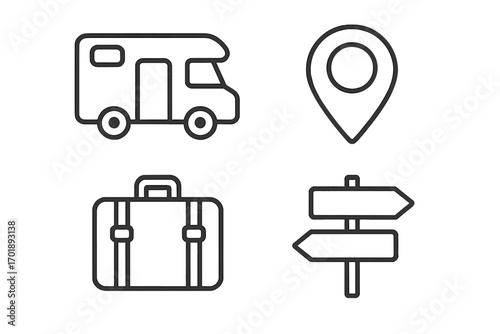 Set of travel icons for road trip and vacation. Motorhome camper van, map pin location, baggage and direction signpost. Simple outline vector collection for web and apps.