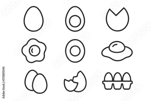 Egg icon set thin line collection. Fried, boiled, broken, whole eggs. Food symbol for cooking, breakfast menu. Vector graphic illustration for web, apps, infographics design.