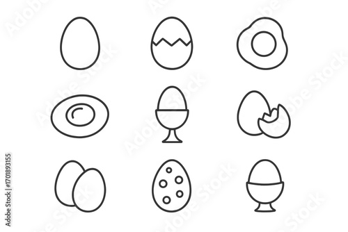 Egg icon set thin line art vector collection. Breakfast food symbols including fried, boiled, broken eggs and shell. Minimalist outline pictograms for cooking and Easter.