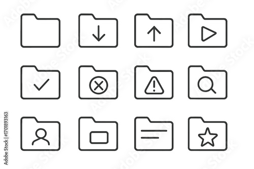 Folder line icon set. Computer file and document signs. Data storage, download, upload, search, favorite. UI UX kit for web design, apps, graphic interface. Vector symbols.