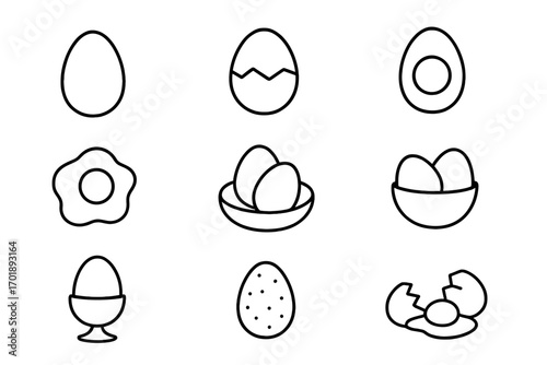 Egg icon set thin line art vector. Collection of various eggs for breakfast food design. Fried, boiled, cracked, broken egg icons for app, web, infographics. Farm fresh food.