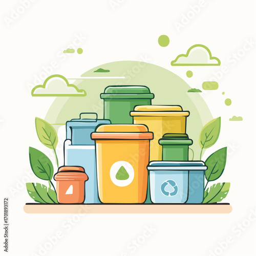 Colorful Recycling Bins with Green Leaves and Clouds
