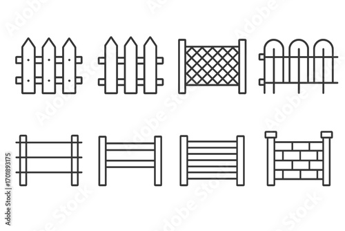 Fence icon set thin line. Vector collection of various fences: picket, brick, wire mesh. For boundary, property, security, separation concepts. Graphic design elements for web.