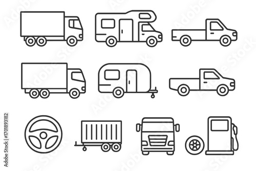 Truck and motorhome vehicle line icon pack. Outline vector symbols for transport, logistics, delivery, travel, and camping. Signs for web, apps, and infographics design.