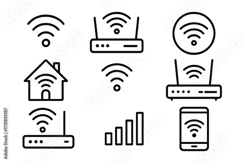 WiFi and router line icon set. Wireless internet connection, network signal, data transfer symbols. Vector outline pictograms for web, mobile app, UI and UX graphic design.