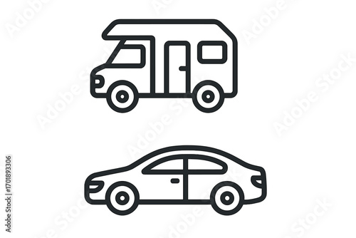 Camper van and car icon vector set. Outline style motorhome, RV, and sedan automobile symbols. Minimalist line art pictograms for transport, travel, and road trip concepts.
