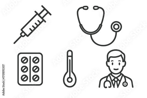 Medical and healthcare thin line icon collection. Vector set with doctor, syringe for injection, stethoscope, pills, and thermometer. Symbols for clinic, hospital, and pharmacy.
