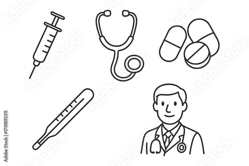 Medical and healthcare thin line icon set. Doctor, syringe, stethoscope, thermometer, and pills vector symbols. Medicine, hospital, clinic, and pharmacy concept illustration.