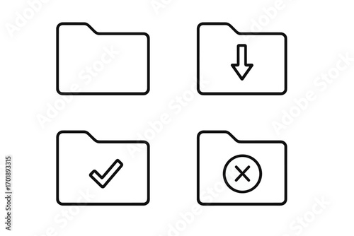 Minimal folder icon set. Outline style vector graphic for UI, UX design. Includes download, save, success checkmark, error, delete, and cancel symbols. For apps, web, data.