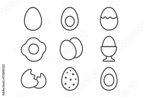 Egg icon set thin line style. Collection of various eggs for cooking and breakfast. Fried egg, boiled, broken shell, and easter egg vector icons for web and apps.