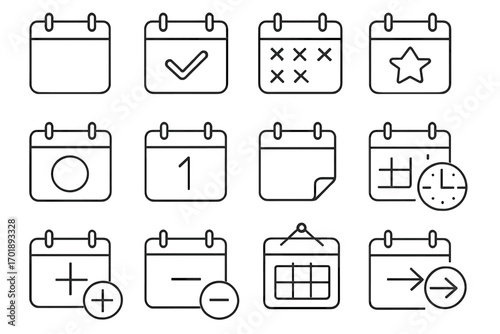 Set of Calendar Line Icons with Checkmarks, Stars, Dates, Time, Add and Remove Symbols for Graphic Design, Web, Apps, Advertising, Planning, Scheduling Vector Illustration