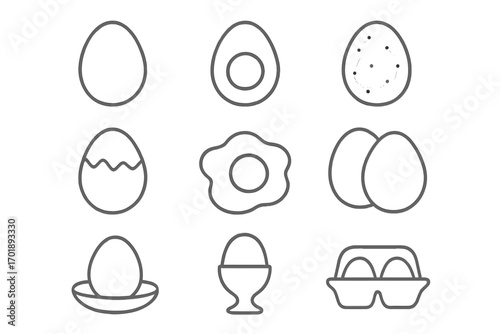 Egg icon set, thin line collection. Vector food symbols of whole, boiled, fried, cracked egg. Breakfast, cooking, Easter illustration. Outline pictogram for web, app design.