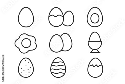 Egg icon set line art. Food symbol collection. Fried egg, boiled egg, broken, eggshell, yolk, protein, breakfast. Easter egg decoration. Vector for app, web, infographic.