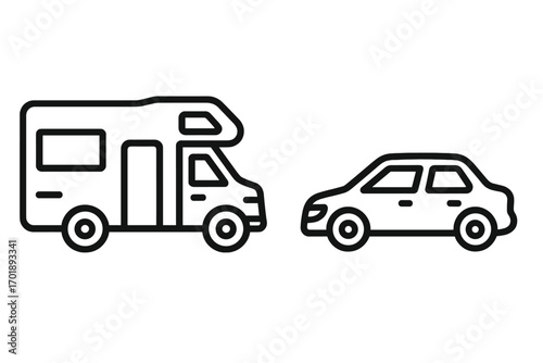 Motorhome and car line icon set. RV, camper van and automobile symbols for transport and travel. Outline vector illustration for road trip, vacation and automotive design.