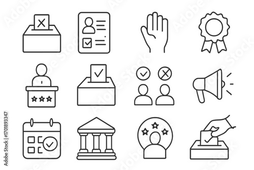 Voting and election line icon set for political campaigns and civic engagement. Vector symbols of democracy, ballot box, vote, candidate, and government for web and app design.