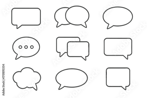 Set of minimalist speech bubble line icons. Simple linear chat and conversation pictograms for web design, apps, banners, social media, messages, and communication concepts, vector illustration