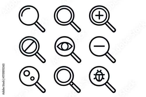 Set of magnifying glass line icons, magnifier symbols with plus, minus, bug, eye, search, zoom, inspection, analysis, outline signs for graphic design, web, apps, advertising, vector illustration