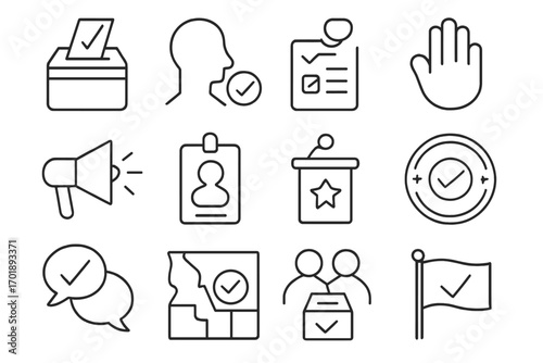 Election and voting line icon set. Political process concept illustration. Vote ballot box, voter choice, campaign, debate. Democracy government symbols for web, apps, banner.