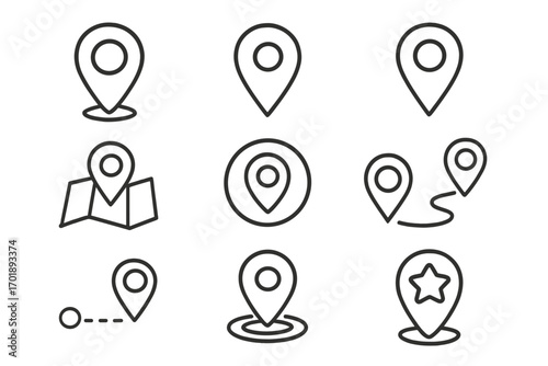 Set of map pin location icons, navigation pointers, GPS markers, route signs, geotag symbols, map pointers for graphic design, web apps, advertising, digital cards, vector illustration