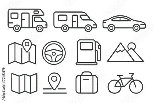 Set of motorhome RV camper van car travel icons, outline vector signs for road trip, navigation, fuel station, mountain mountains, map location pin, steering wheel, suitcase, bicycle travel concept