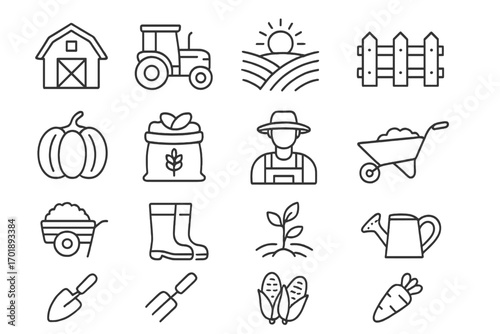 Farm and agriculture thin line icon set. Farmer, tractor, barn, and harvest symbols. Vector collection of gardening tools, crops, pumpkin, corn, and field outline icons.