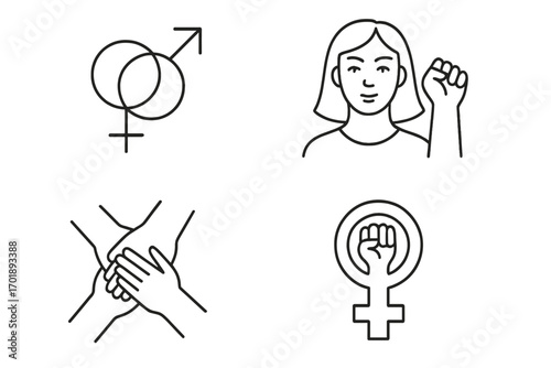 Vector line icon set of feminism and gender equality symbols. Woman power fist, solidarity hands, gender signs for social justice, protest, and women's rights concepts.