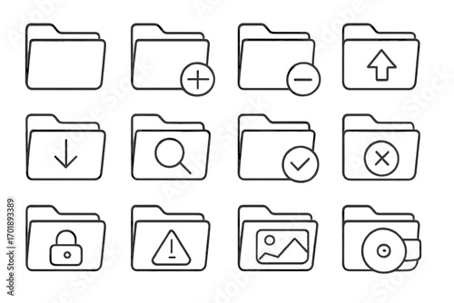Folder line icon set. File and document management signs for UI UX. Vector outline symbols for data storage, upload, download, search, security, and archive concepts.