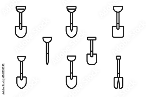 Set of shovel outline icons, digging tools symbols, garden and construction spades, vector line art for graphic design, web, apps, adverts, gardening, outdoor work, landscape equipment