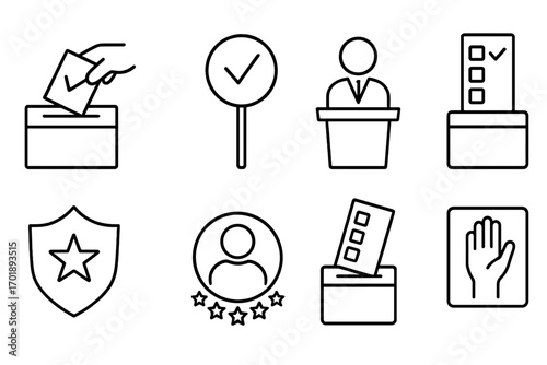 Election voting outline icon set. Vote ballot box poll. Political campaign concept. President candidate debate. Democracy government law. Citizen choice. Rating oath symbol.