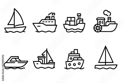 Ship Line Icon Pack with Outline Vector Signs for Graphic Design, Web Apps, Advertisements, and Various Cards, Cartoon Style Set of Different Boats and Vessels with Transparent Background