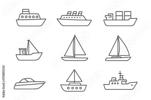 Ship thin line icon set with outline signs for graphic and web design, apps, adverts, various cards, vector cartoon illustration, transparent background, ordered 2