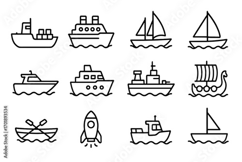 Ship Line Icon Bundle, Outline Maritime Vector Set, Graphic and Web Design Elements, Nautical Illustration for Apps, Adverts, Cards, Various Boat Types, Transparent Background