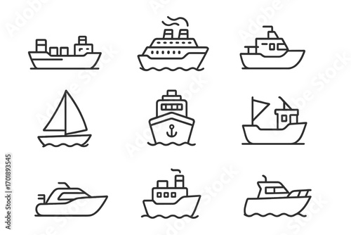 Thin line ship icon set with various boat types and maritime vessels outline signs for graphic design, web apps, adverts, and nautical-themed cards vector illustration