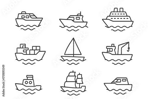 Ship thin line icon set for graphic and web design, apps, adverts, and various cards, cartoon vector illustration, nautical boat symbols, maritime vessel outlines, sea transport icons
