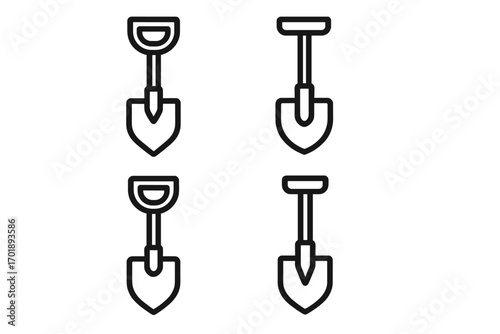 Modern shovel outline icons set for design, cards, apps, social networks. Vector cartoon illustrations with transparent background. Construction, gardening tools collection.