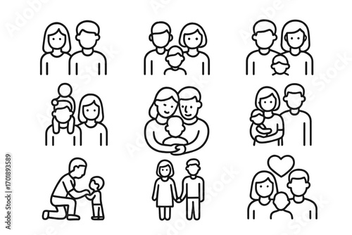 Family and relationship line icon set. Vector bundle includes icons of parents with child, couple in love, mother, father, and baby. Simple outline pictograms for UI, UX, apps.