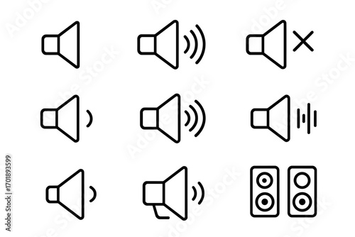 Sound volume and audio control line icon set. Speaker, mute, and megaphone outline symbols. Vector pictogram collection for UI, UX, web design, and mobile app interface.