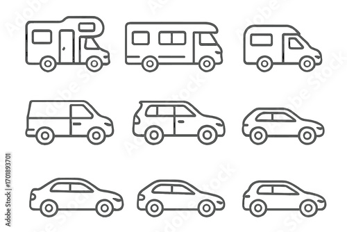 Car and motorhome vehicle line icon pack. Vector transport symbols. Outline vehicle pictogram set for web, apps. Travel, camper, van, RV, automotive, road trip concepts.