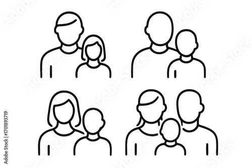 Family line icon set. Parents with child, single mother, and single father vector symbols. People pictogram collection for web design, app graphics, and UI concepts. Simple outline.