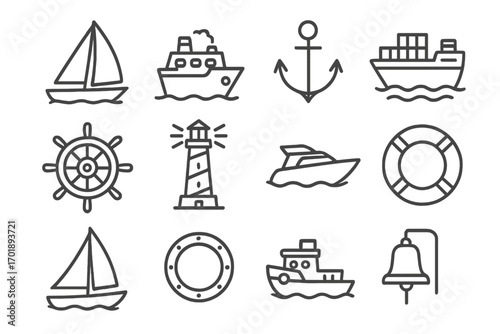 Nautical icon set bundle with sailboat, ship, anchor, lighthouse, lifebuoy, helm, bell, and porthole. Maritime line art symbols for graphic design, apps, adverts, vector illustration