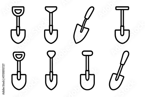 Set of shovel line icons, gardening and digging symbols, outline signs for graphic design, web apps, advertisements, construction tools, hand shovel vectors with transparent background