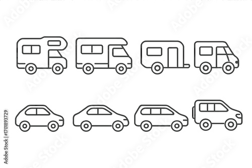 Car, motorhome, and caravan line icon set for travel and transport. Outline vehicle symbols for web design, apps, and infographics. Vector camper, RV, and auto pictograms.