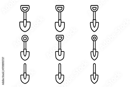 Set of shovel line icons, garden tools outline symbols for graphic design, web, apps, adverts, gardening concepts, various cards, vector cartoon illustration transparent background