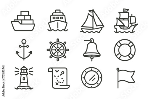 Nautical Line Icon Set for Graphic and Web Design. Outline Maritime Symbols Bundle including Ships, Anchor, Helm, Bell, Lifebuoy, Lighthouse, Map, Porthole, Flag. Vector Cartoon Illustrations.